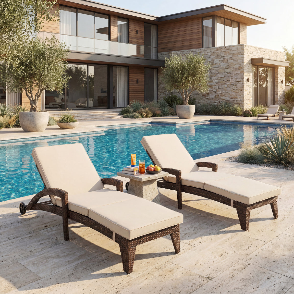 Brich Rattan Chaise Lounge with wheels (Set of 2)