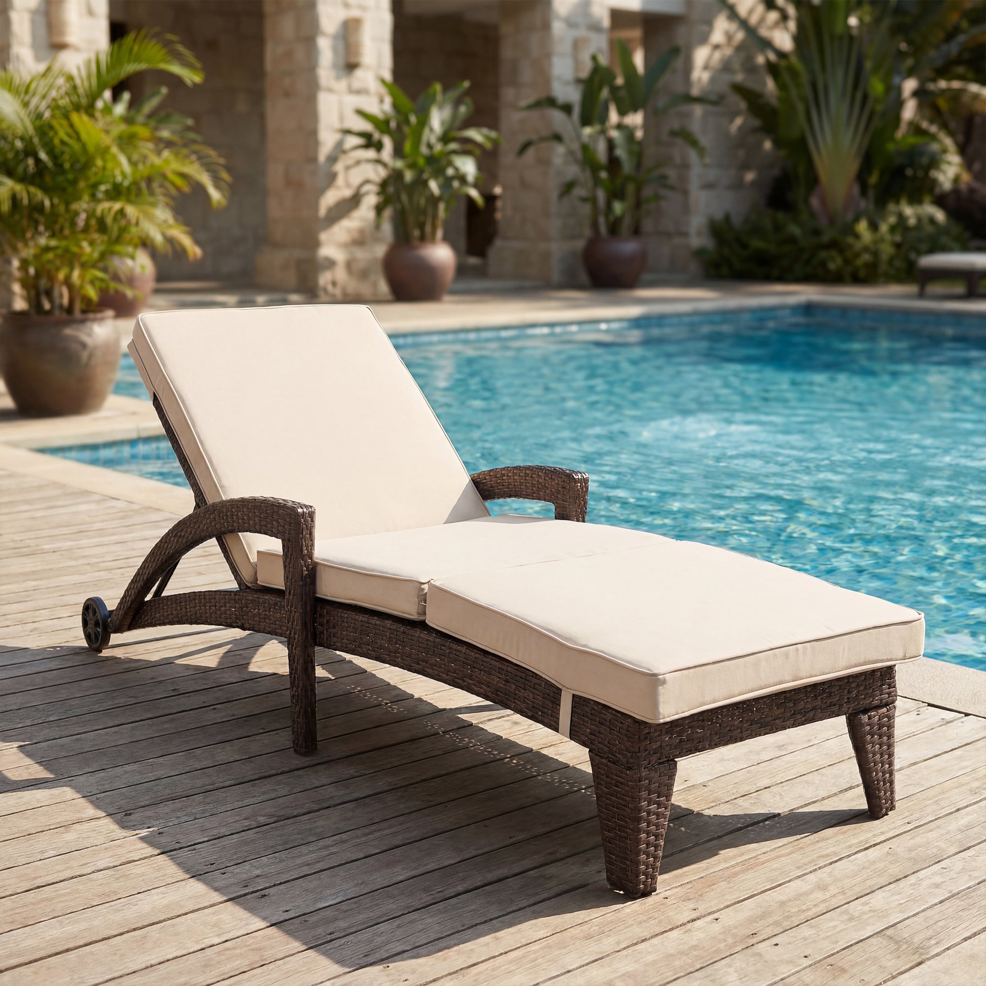 Brich Rattan Chaise Lounge with wheels (Set of 2)
