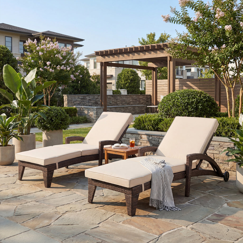 Brich Rattan Chaise Lounge with wheels (Set of 2)